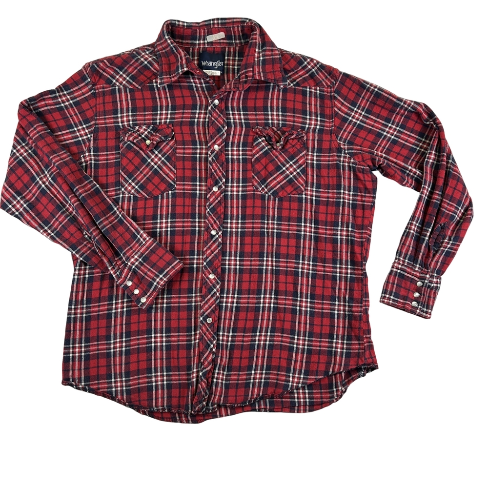 Vintage Wrangler Shirt Womens XL Plaid Flannel Pearl Snap Western Red Black 90s